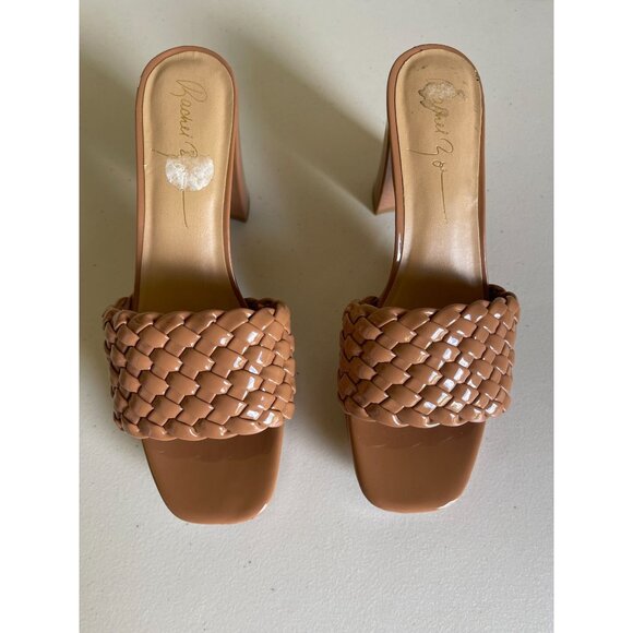 Rachel Zoe Gabrielle Light Brown Woven Patent Platform Shoes 4" Block Retro Mod - Picture 6 of 9